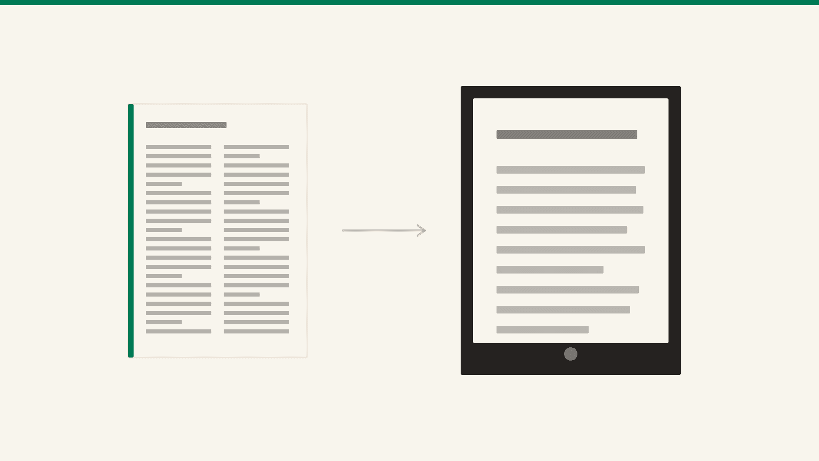 A dense fixed page on the left flowing into an e-reader showing the same text at a readable size.